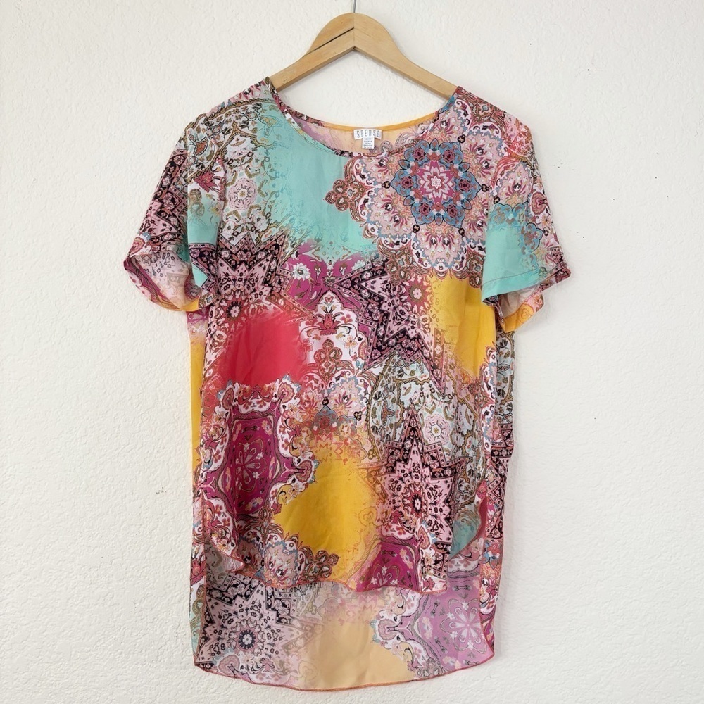 Spense Blouse Medium Multi-Color Paisley Mandala High-Low Chiffon Top